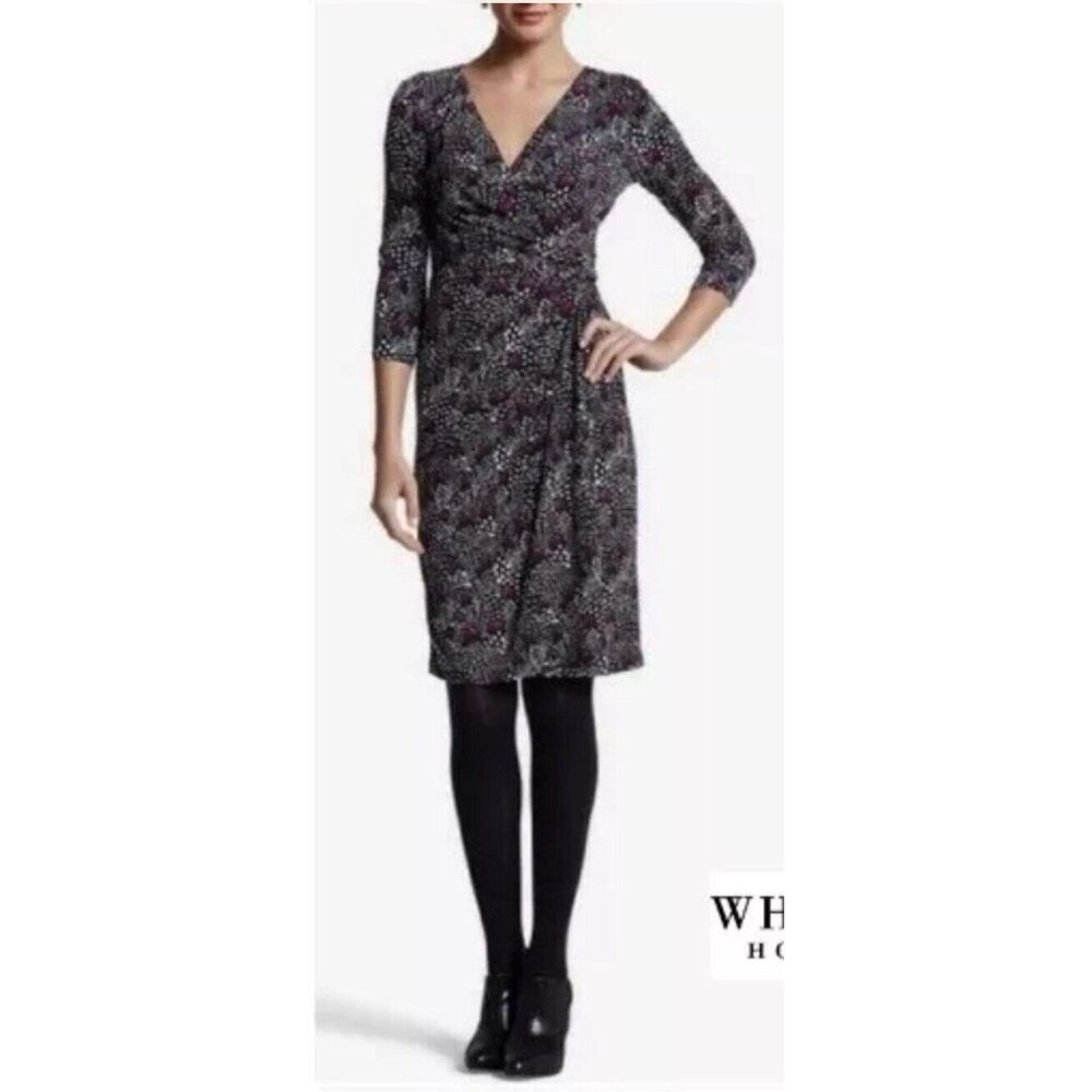 WHBM Sheath Dress 12 Purple Black White Stretch 3/4 Long Sleeve Career Washable